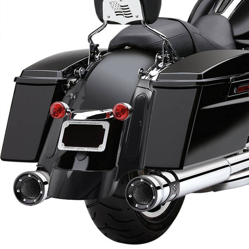 Black motorcycle rear fender fascia with LED tail light bars and chrome license plate frame