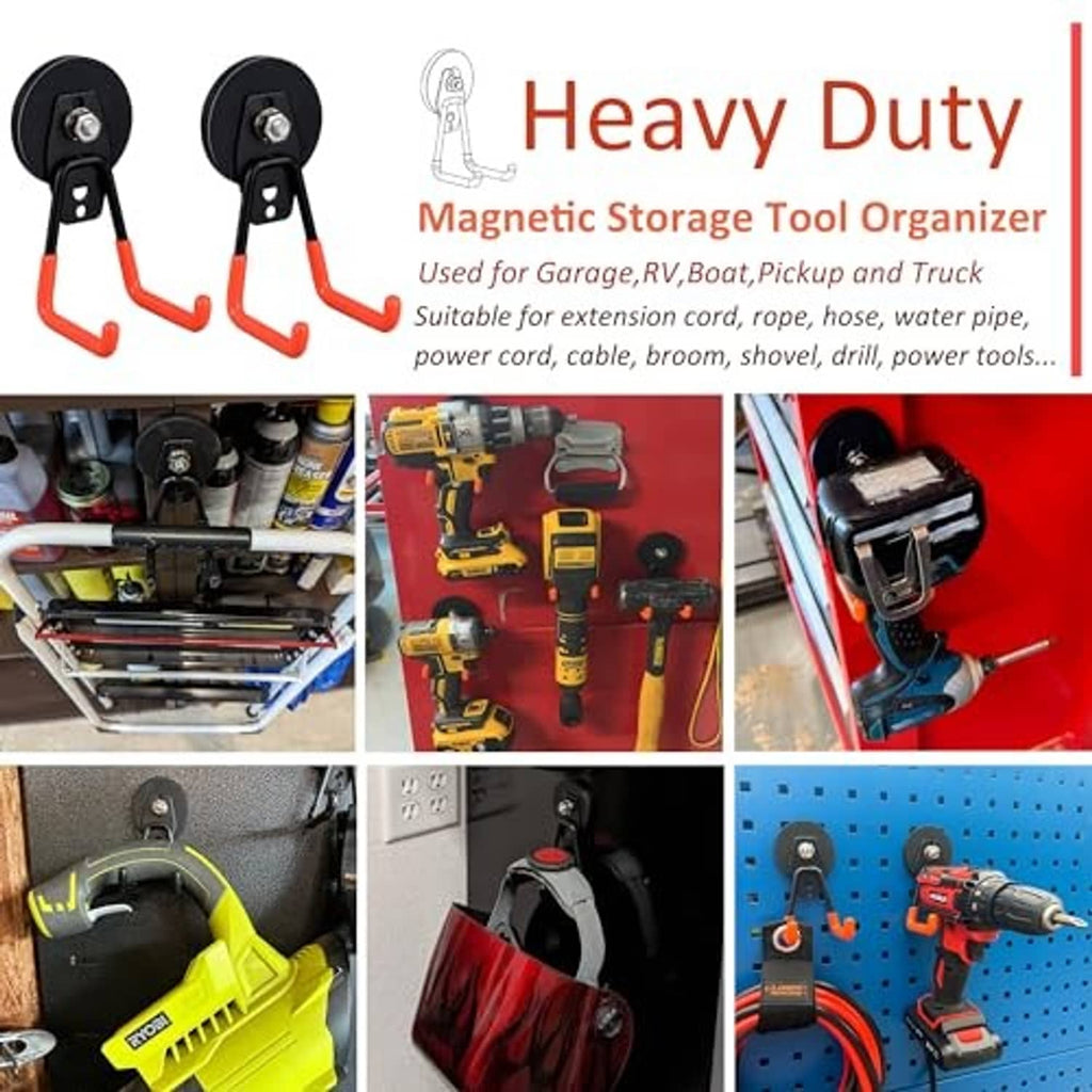 Two orange J-style magnetic storage tool hooks with black circular magnet plates