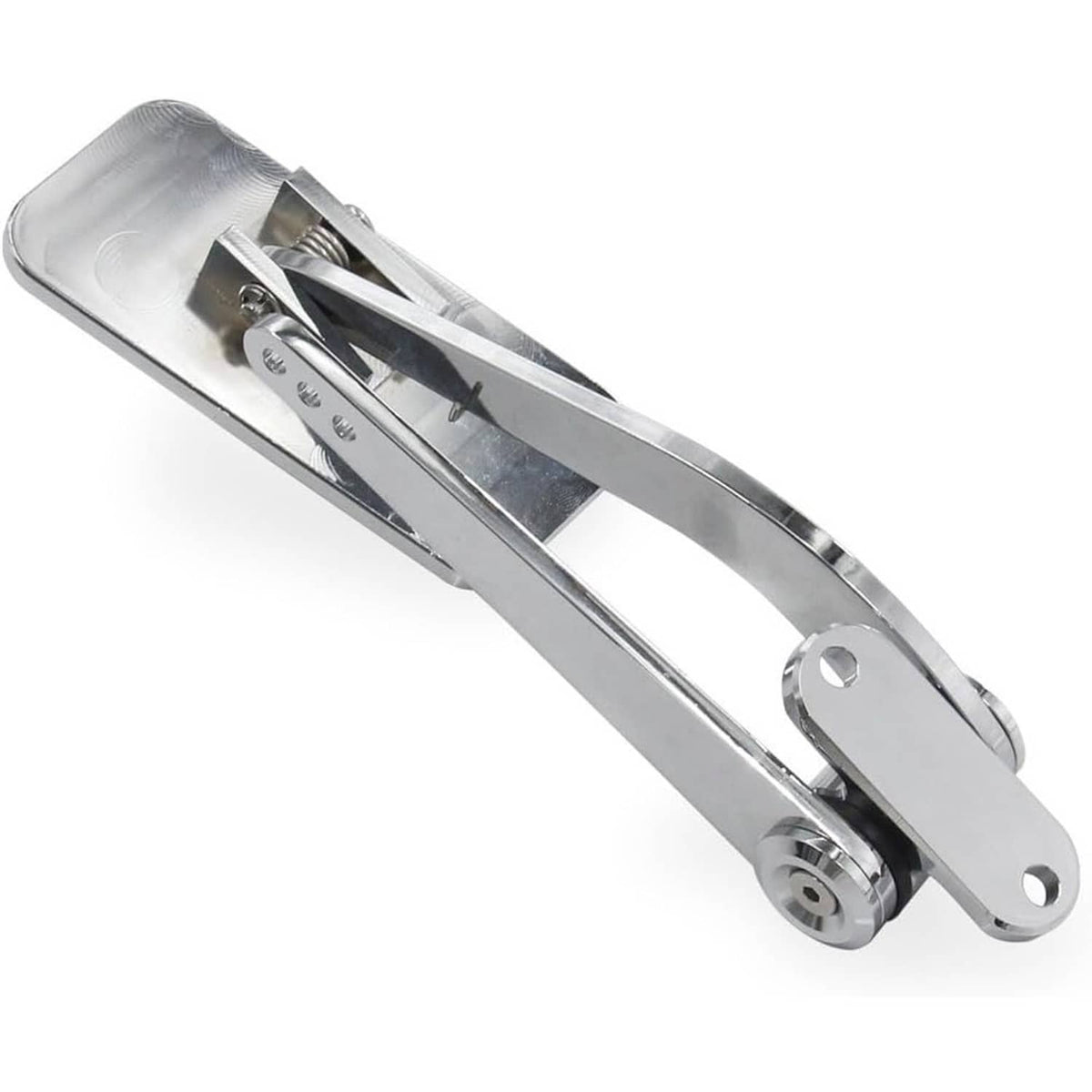 Polished aluminum gas pedal assembly with lever arm and perforated mounting plate