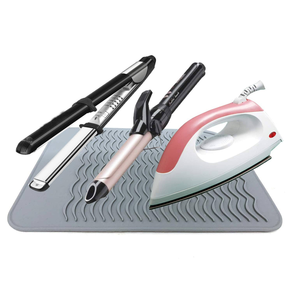 Large gray heat-resistant silicone mat with wavy ridges holding curling and flat irons