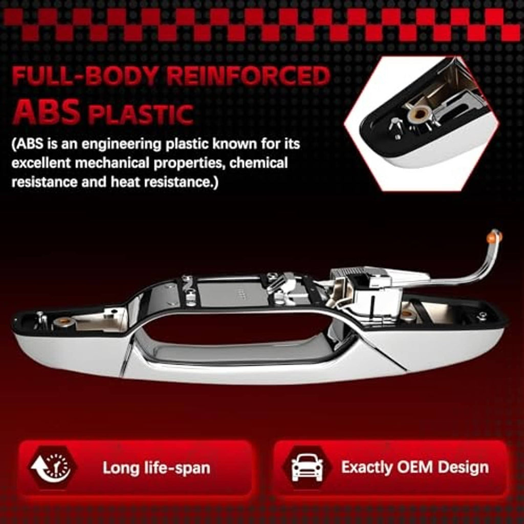 Chrome exterior door handle with reinforced ABS-style housing and mounting hardware