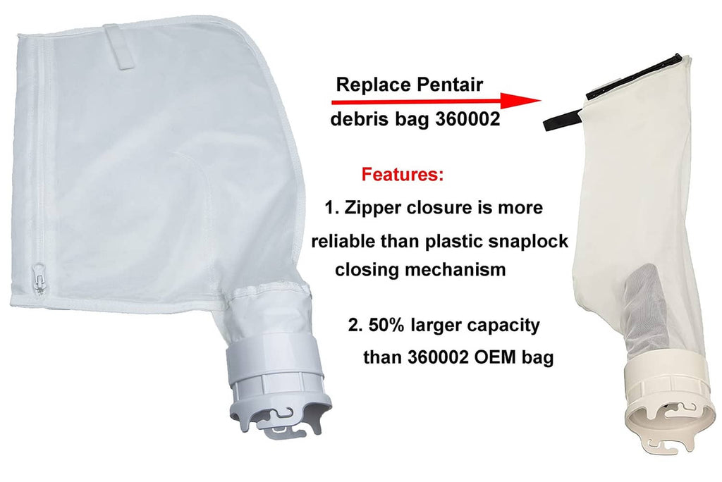 Zipper-closed fine mesh pool debris bag with hose connector, white