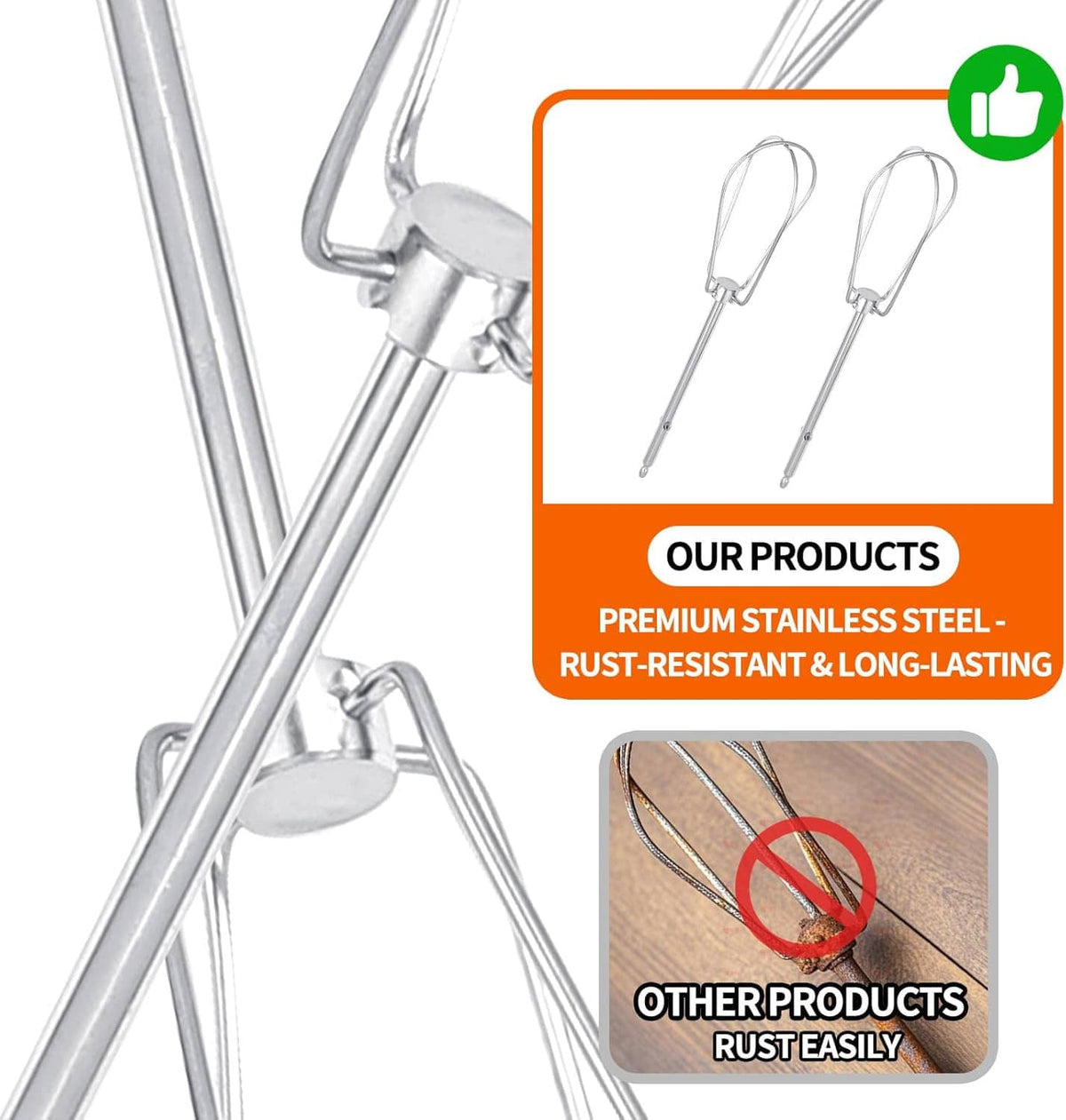 Close-up of stainless steel beater connectors and wire loop beaters