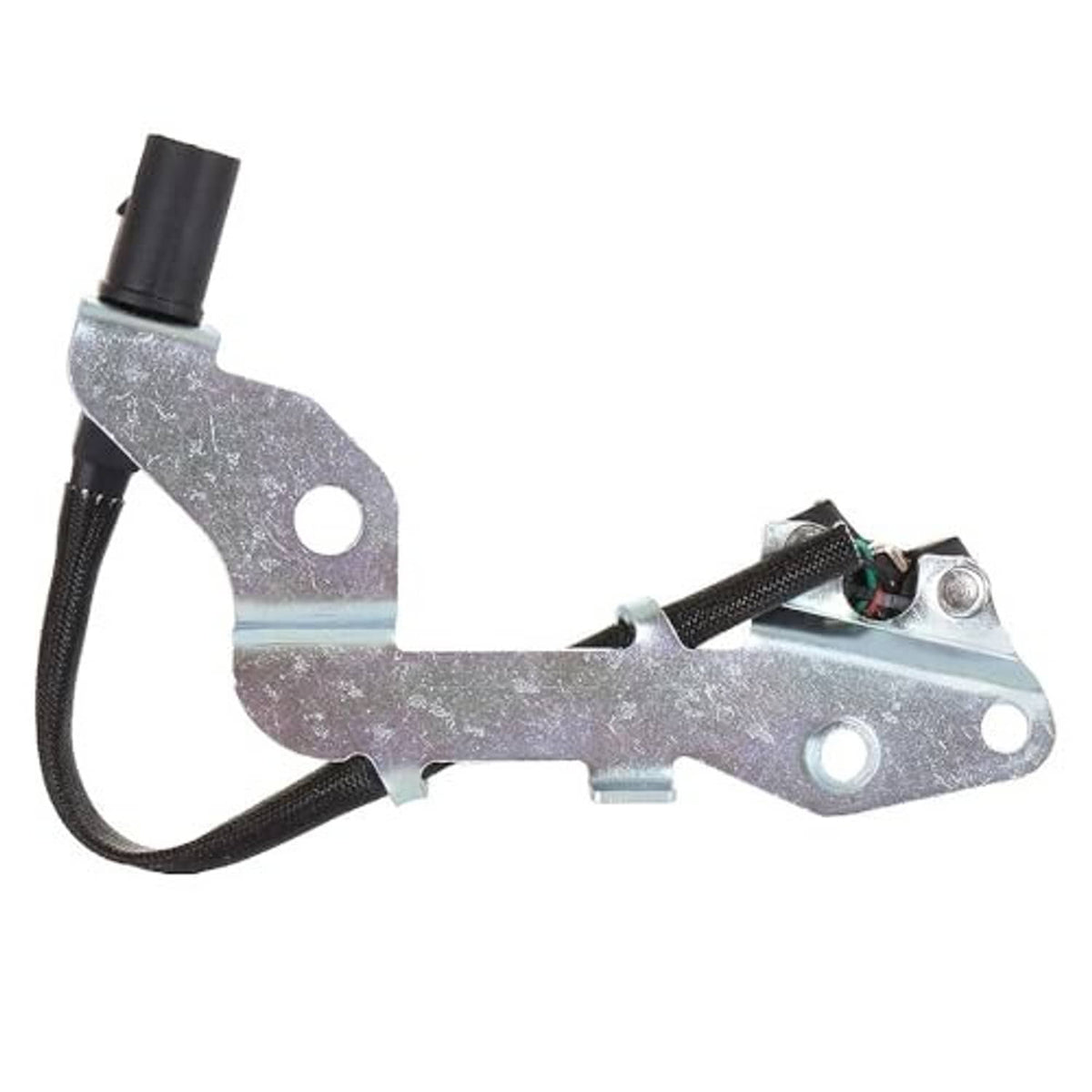 Camshaft position sensor with curved metal bracket, black connector, and wiring