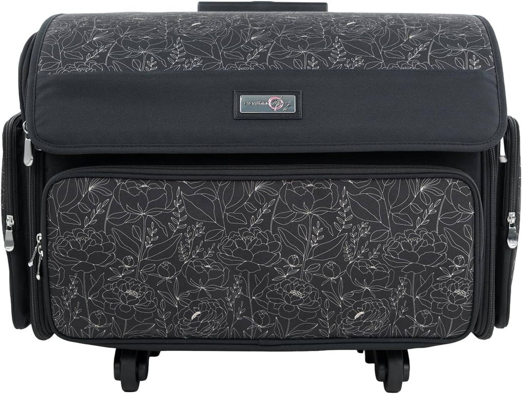 Black sewing machine rolling storage case with leaf pattern, front zip pocket, top handle, 4 wheels