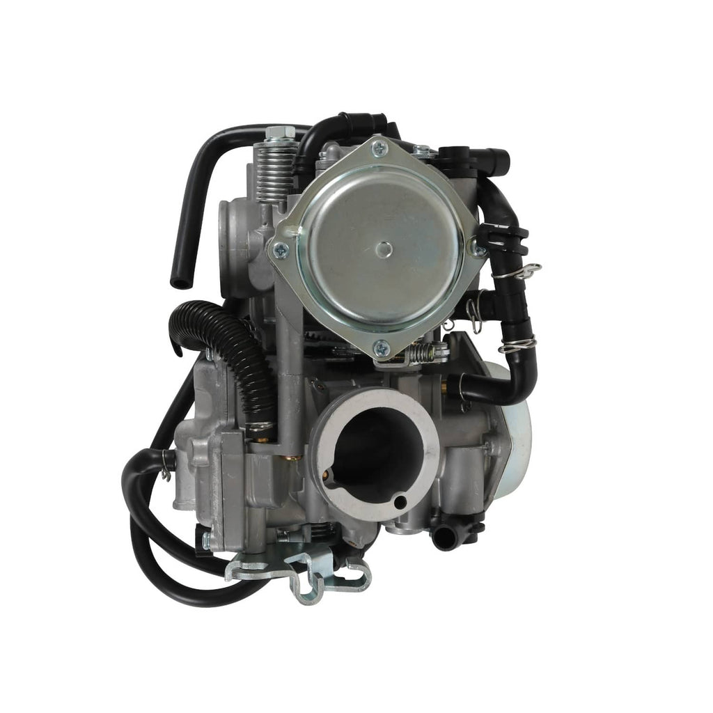 Carburetor assembly with round top cover, hoses, and side mounting hardware