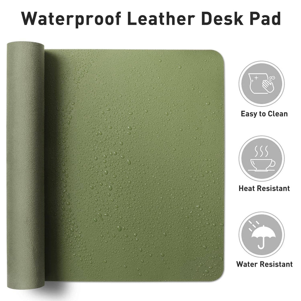 Rolled olive green leather desk pad protector with water droplets for stain protection