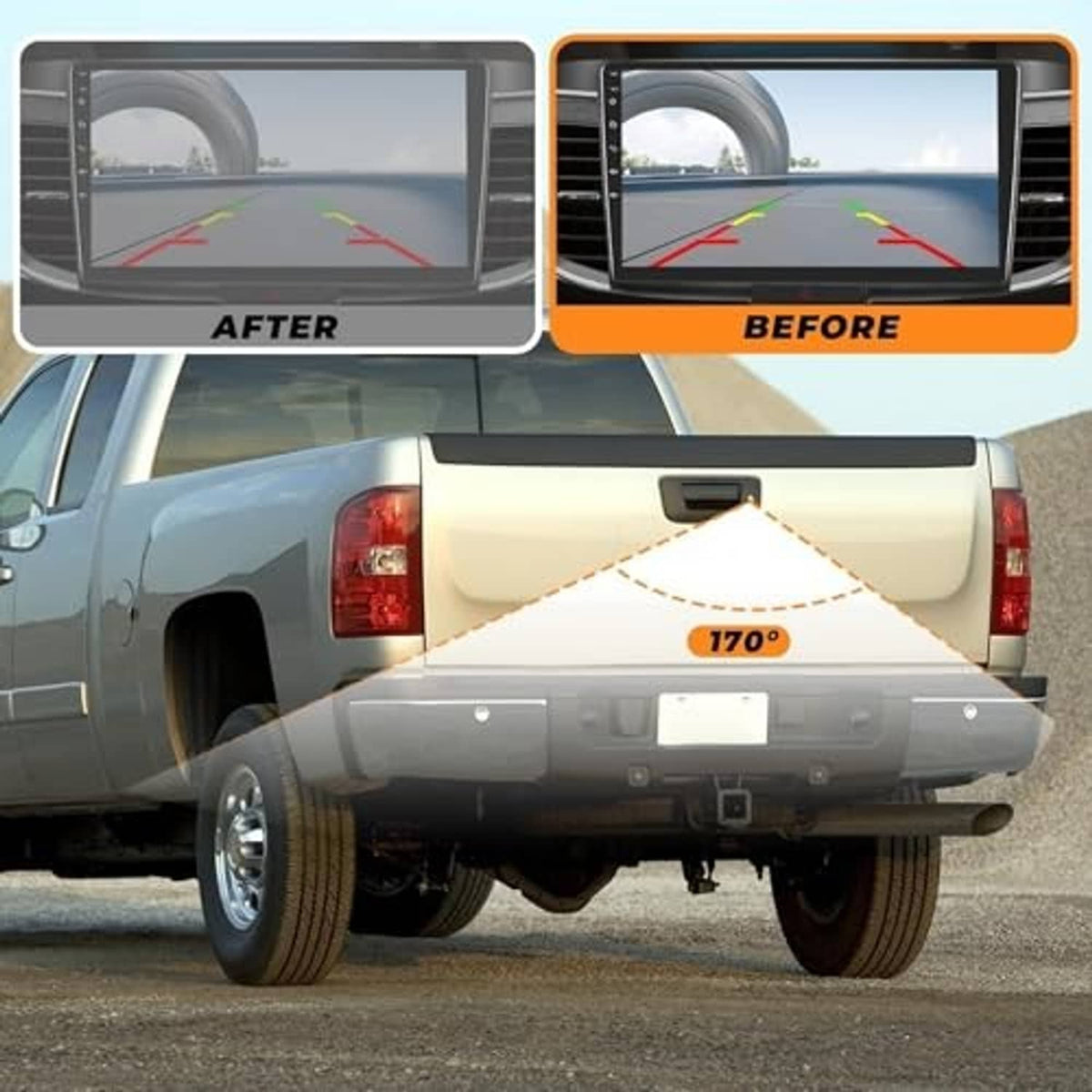 Tailgate handle backup camera installed on pickup tailgate with guide lines