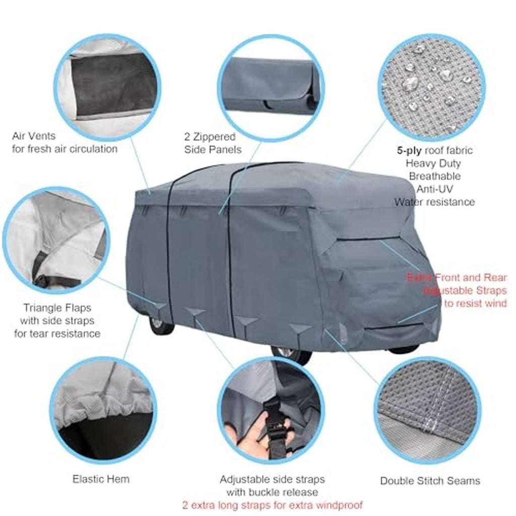 RV cover detail showing air vents, zippered side panels, reinforced seams, straps