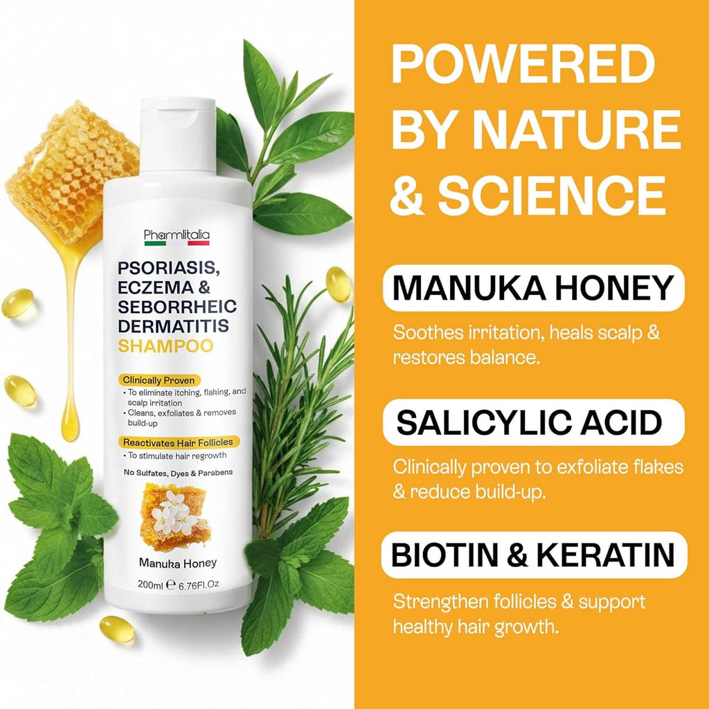 Salicylic acid 3% scalp shampoo bottle with manuka honey, leaf sprigs
