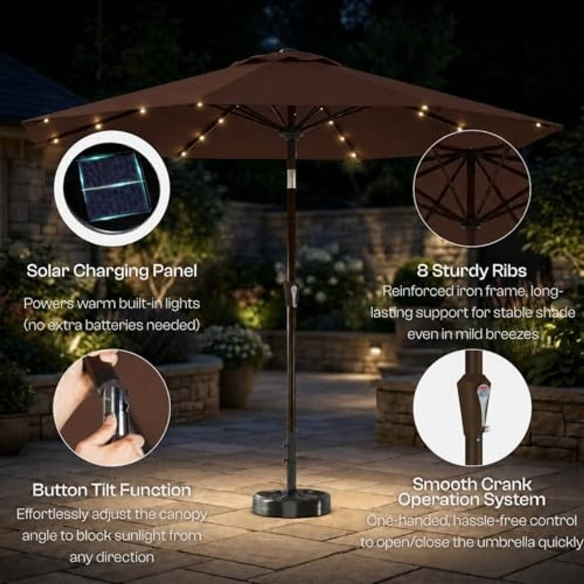 Brown patio umbrella with solar charging panel and 8 LED-lit sturdy ribs