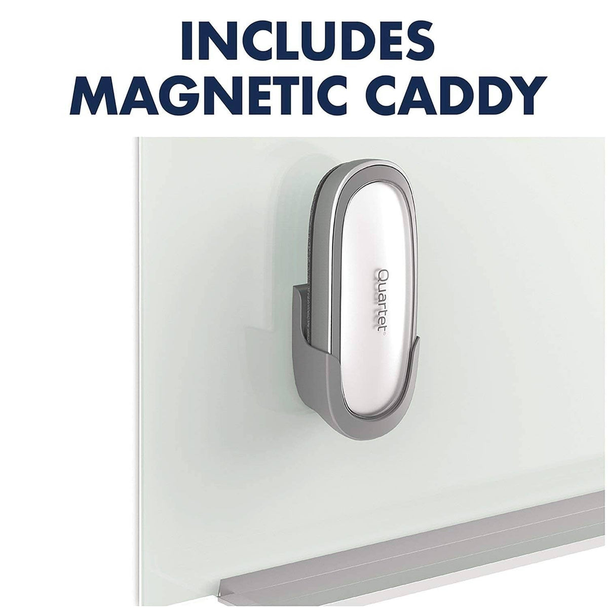 Quartet dry erase eraser mounted in a gray magnetic caddy on a whiteboard
