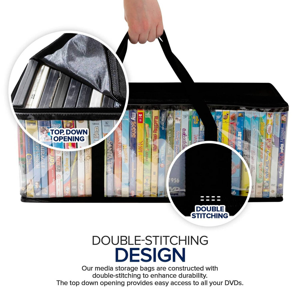 Black DVD storage bag with top-down opening, clear front panels, and double-stitched seams