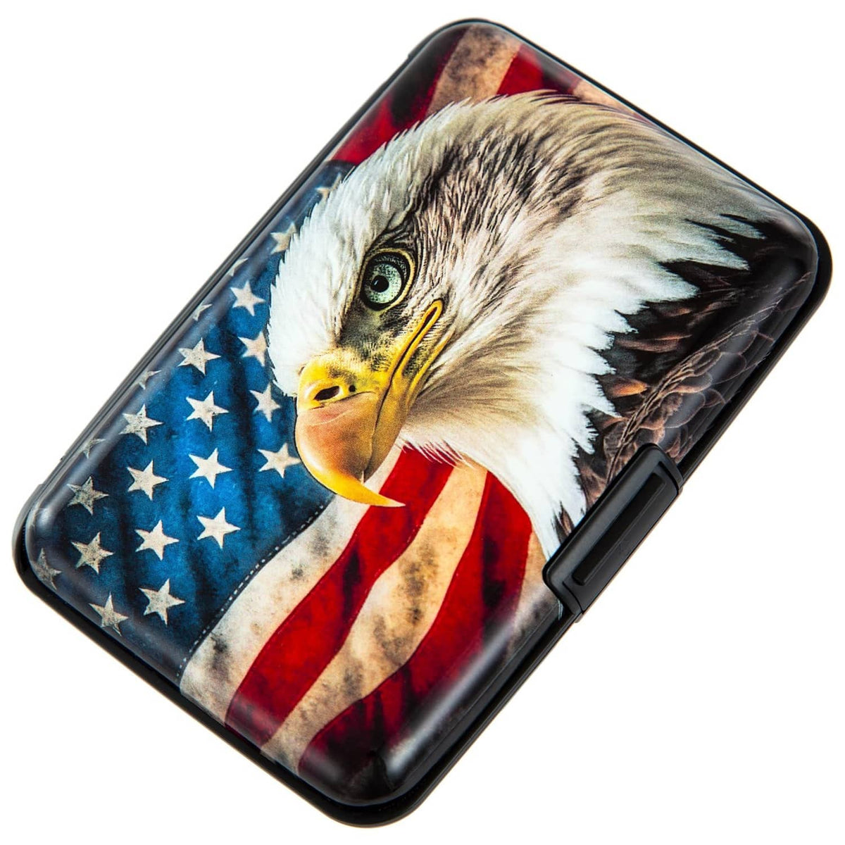 Slim card holder with bald eagle portrait on American flag print, black edge trim