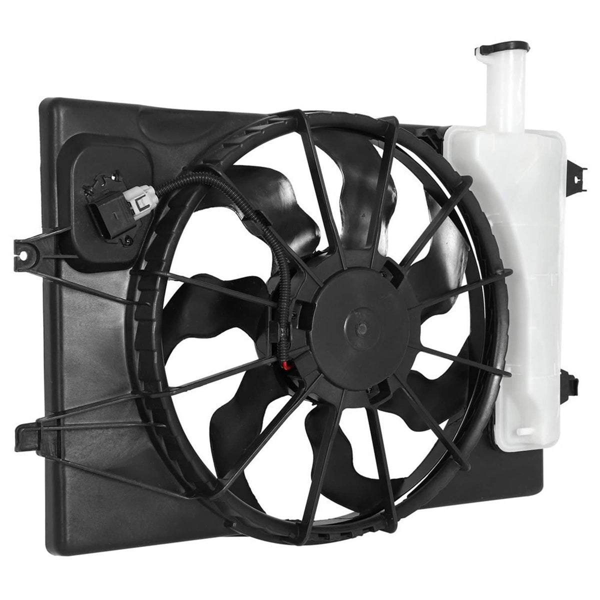 Radiator cooling fan assembly with black fan ring, black shroud, and white reservoir tank