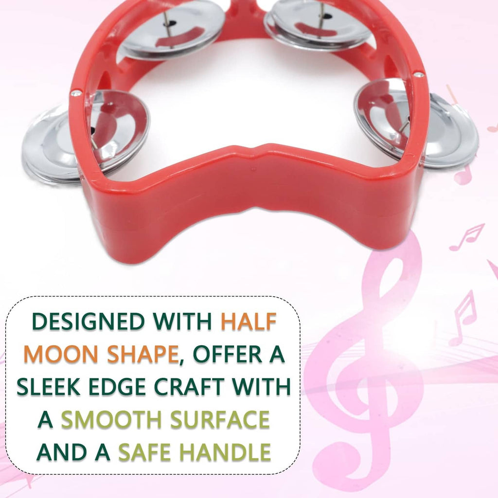 Red plastic half-moon handheld tambourine with metal jingle bells and curved handle