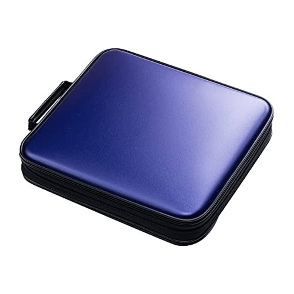 Blue CD storage case with black zipper and textured hard shell