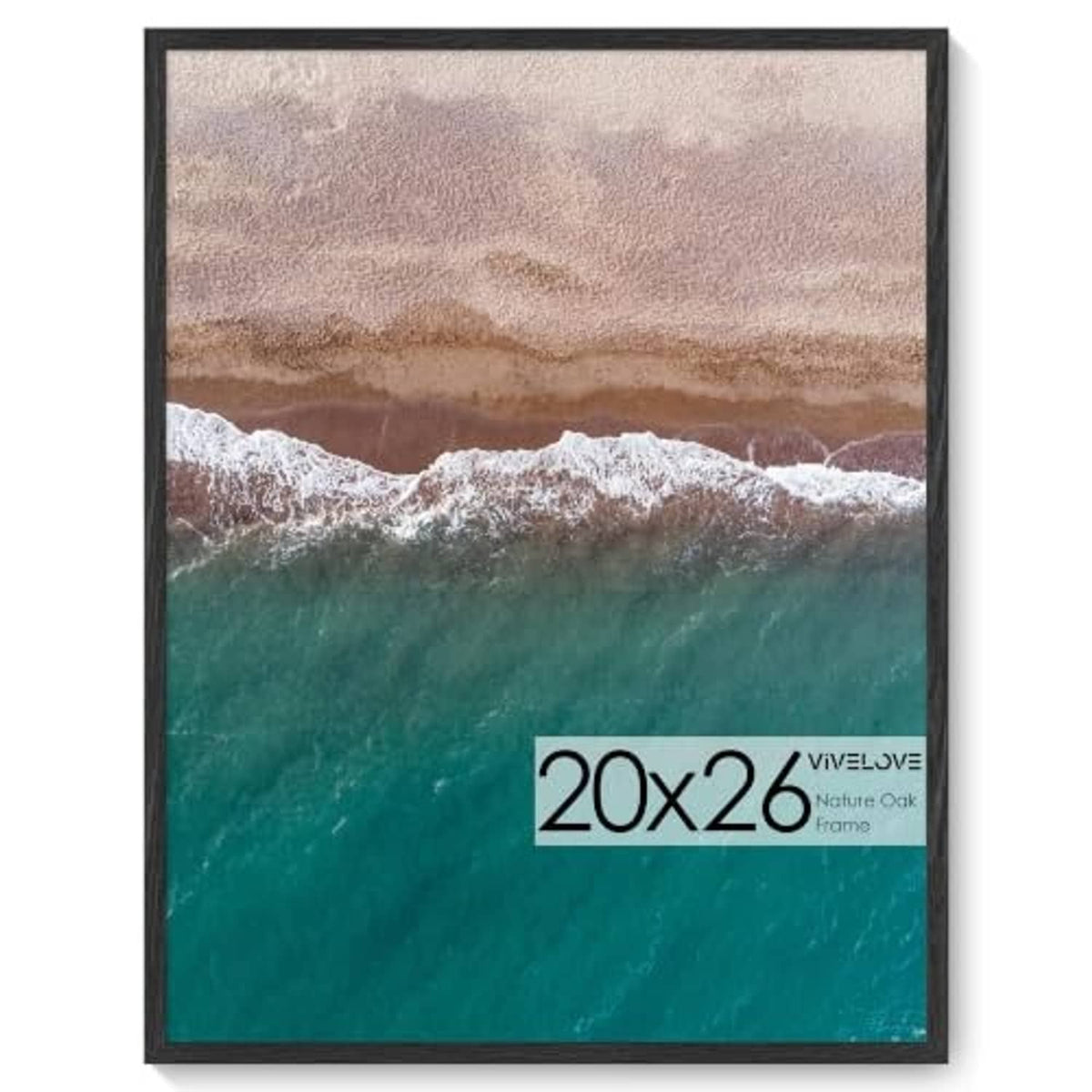 Black oak wood picture frame, 20x26 opening, front view with ocean wave artwork