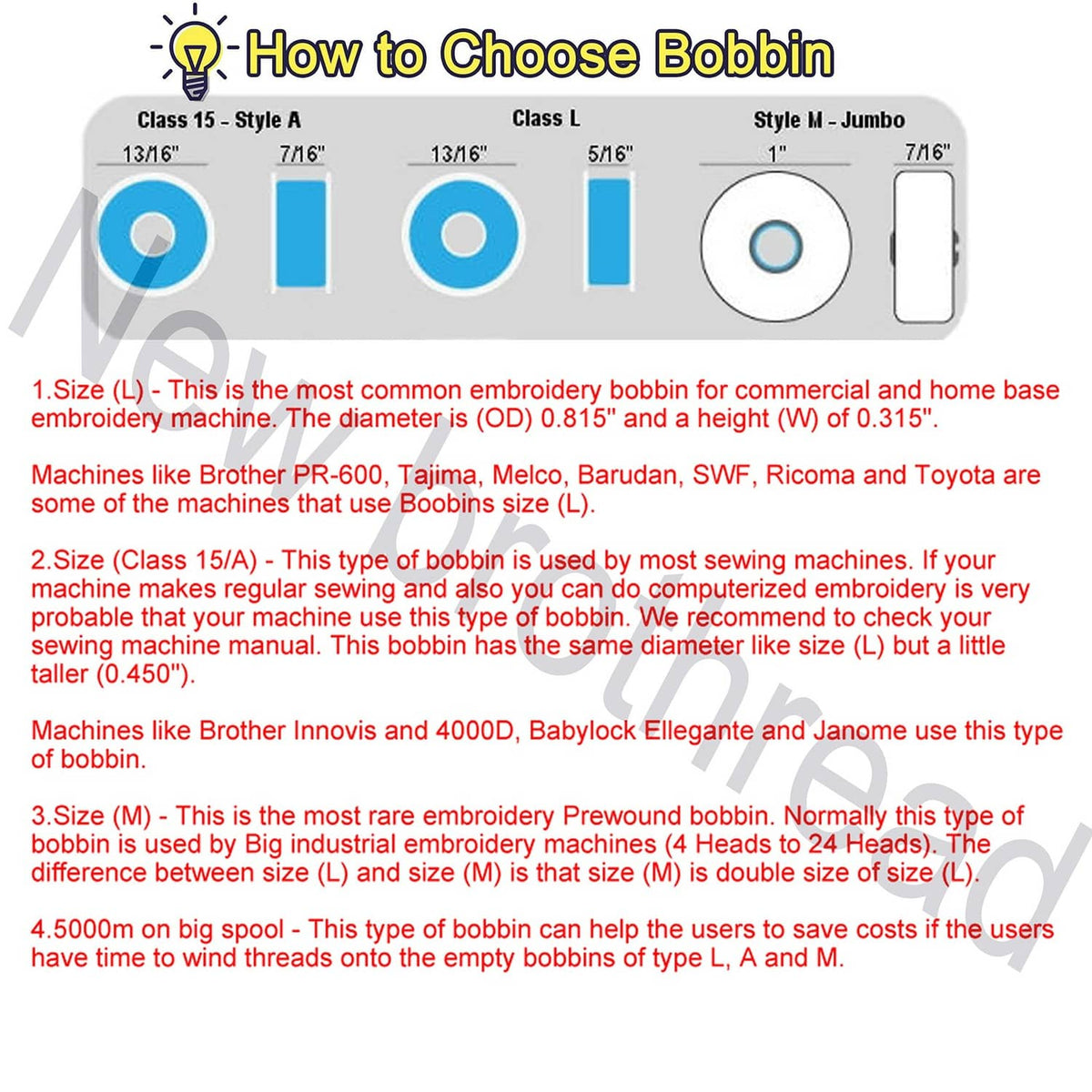 Embroidery bobbin size A style diagram showing different bobbin shapes with blue guides