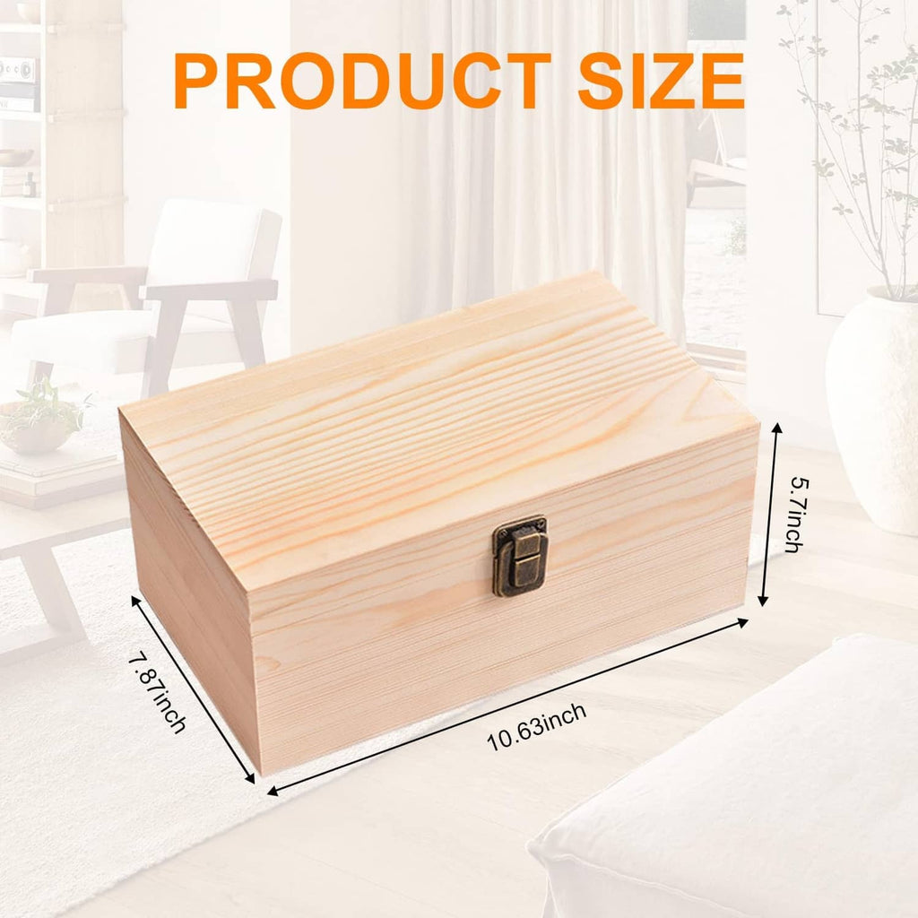 Unfinished pine wooden box with hinged lid and metal clasp, rectangular shape.