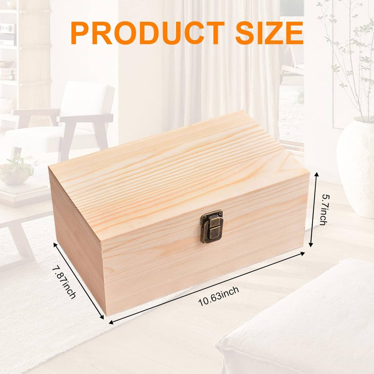 Unfinished pine wooden box with hinged lid and metal clasp, rectangular shape.