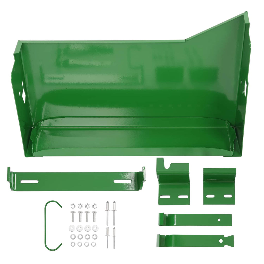 Left-side battery box for tractor, green metal with mounting brackets and hardware