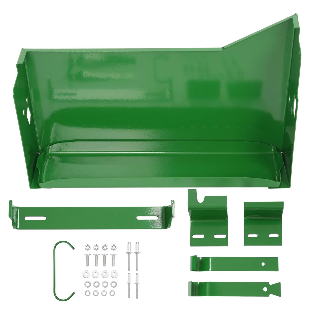 Left-side battery box for tractor, green metal with mounting brackets and hardware