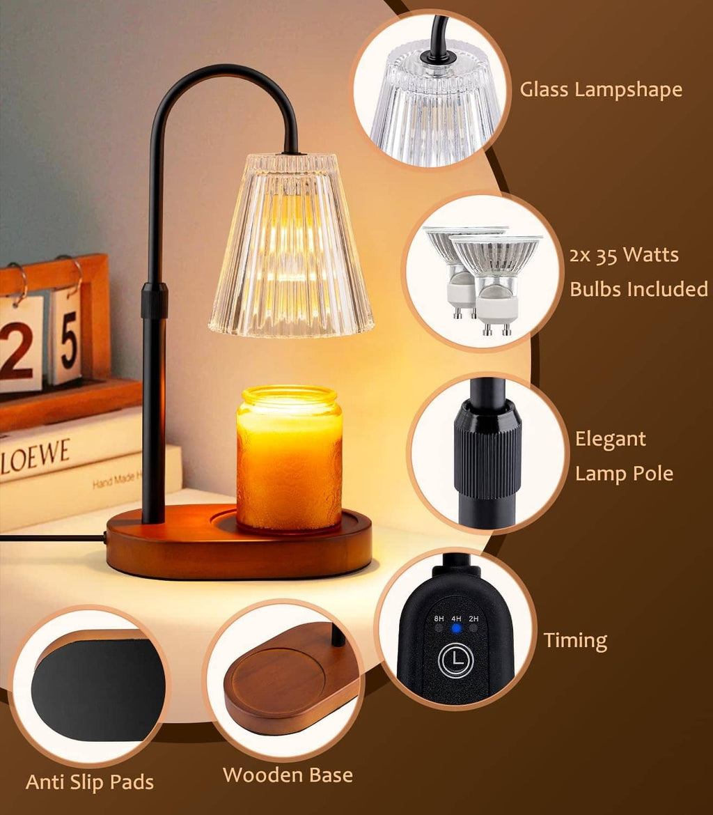 Candle warmer lamp with clear glass shade, black pole, wooden base, timing and included bulb.