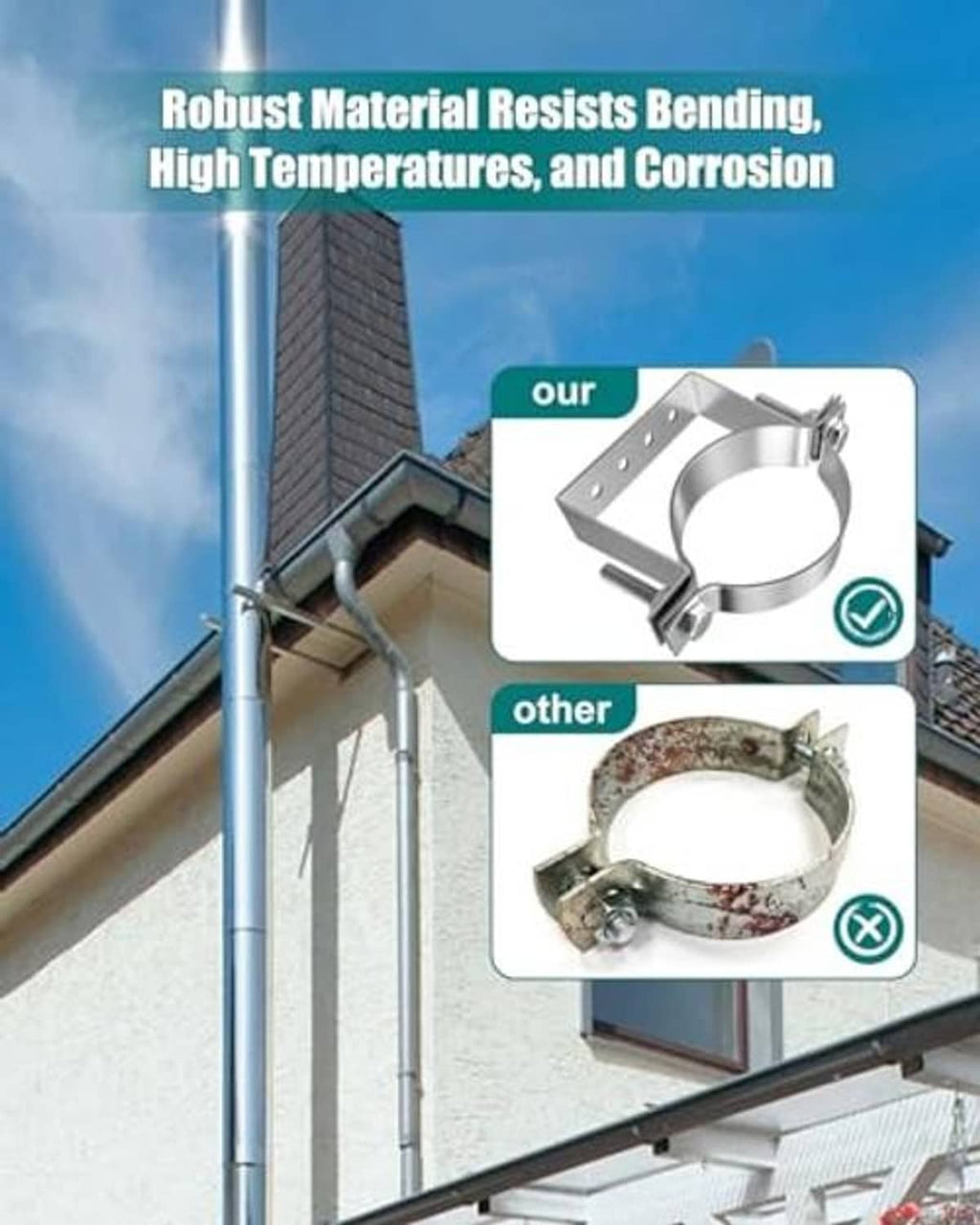Steel split-ring pipe hanger bracket with mounting bolts for vertical vent pipes