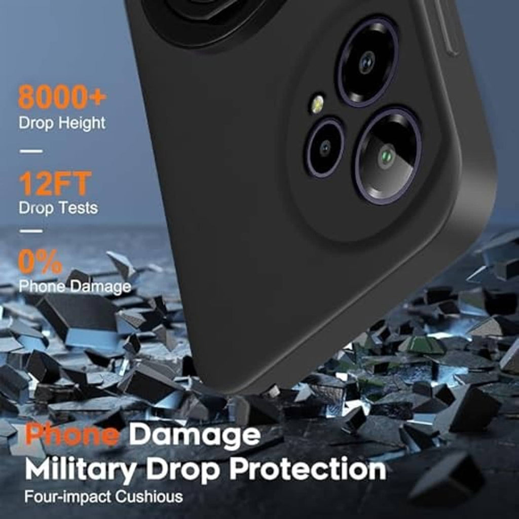Black rugged phone case with reinforced corners and camera cutouts for military drop protection