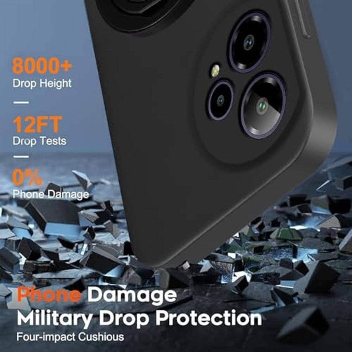 Black rugged phone case with reinforced corners and camera cutouts for military drop protection