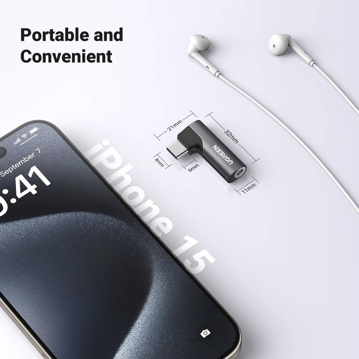 Black USB-C to 3.5mm audio adapter with earbud cable and connector dimensions