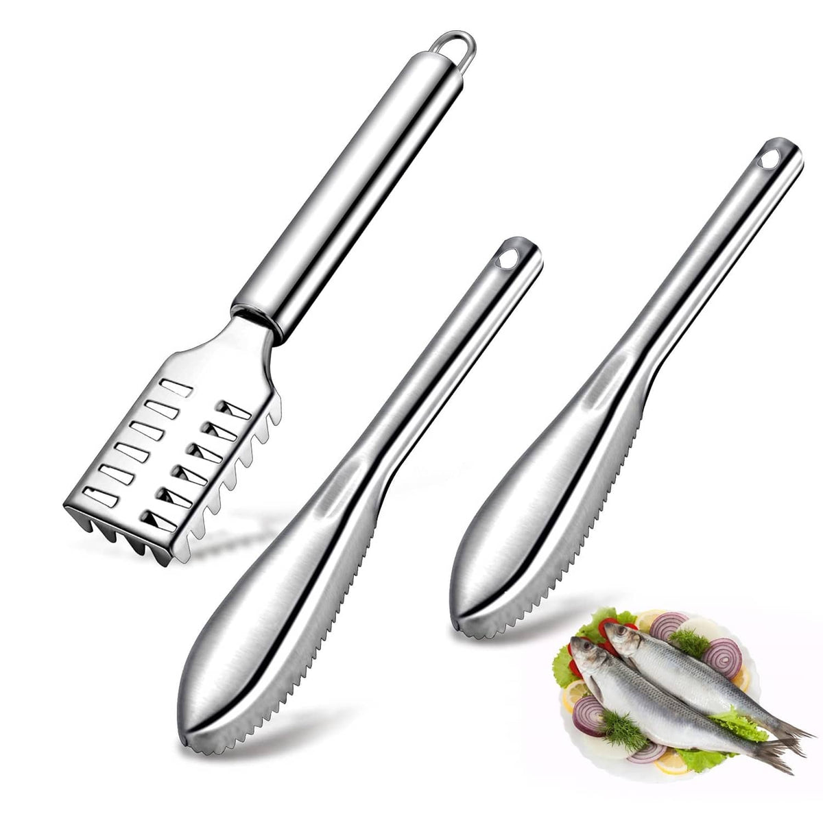 Stainless steel fish scaler with rectangular sawtooth brush head and hanging loop