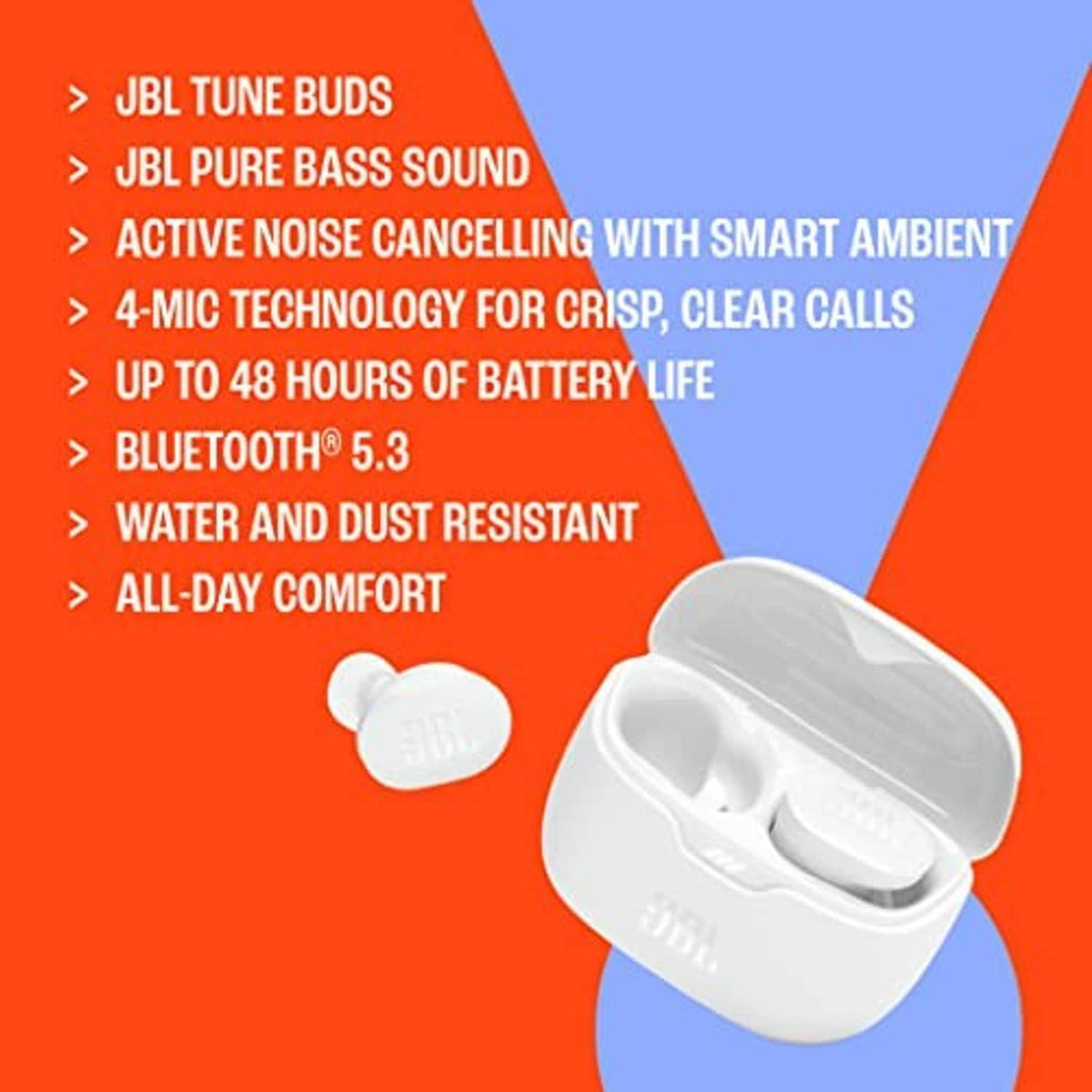 White JBL true wireless earbuds and open charging case, earbuds placed nearby.