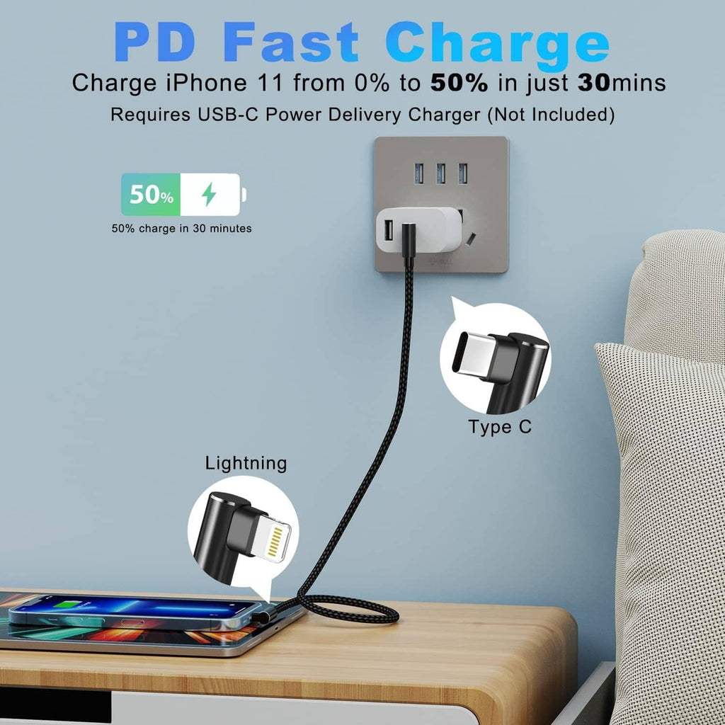 Black braided USB-C to Lightning cable with right-angle Lightning plug