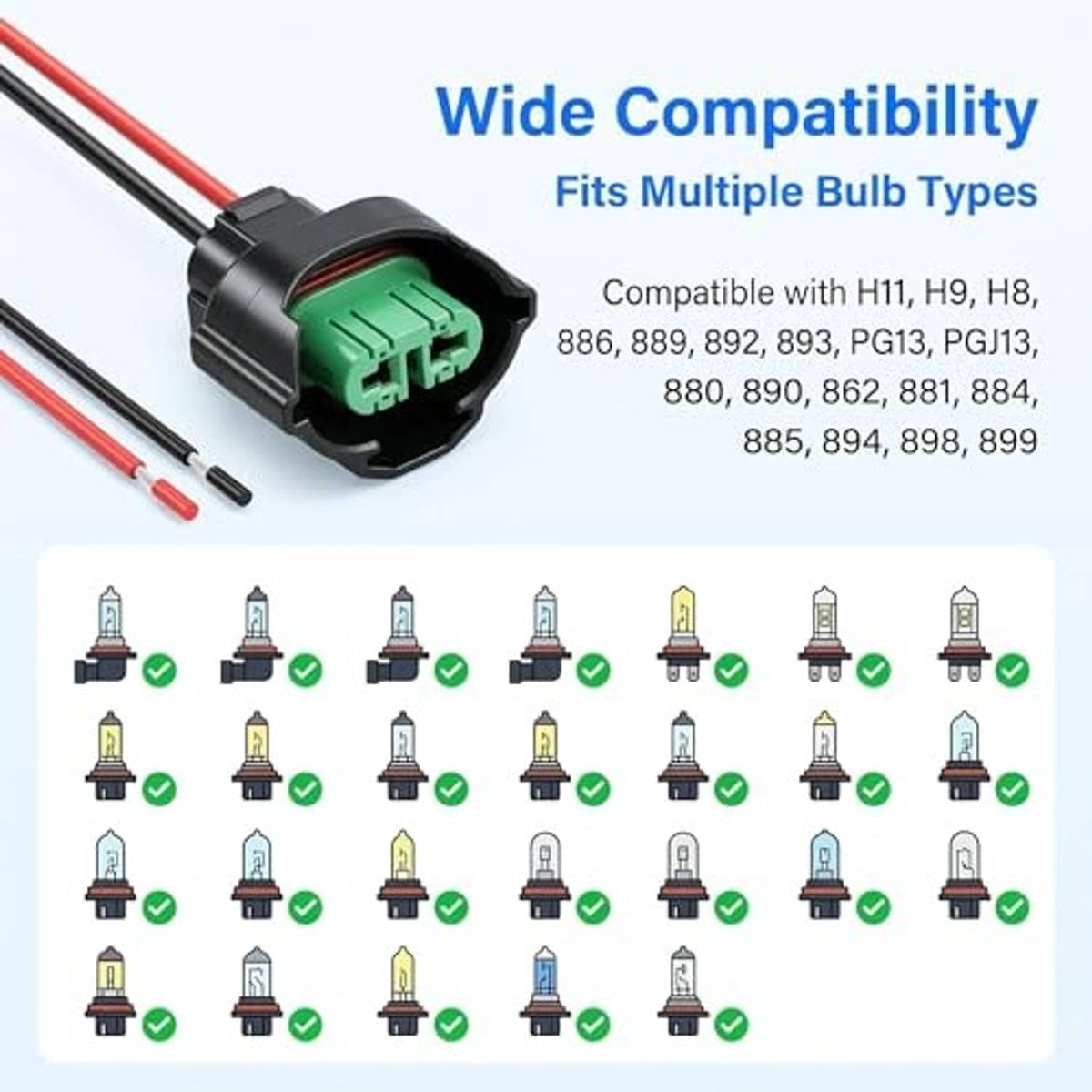 Headlight wiring harness connector with green terminals and red/black cable leads