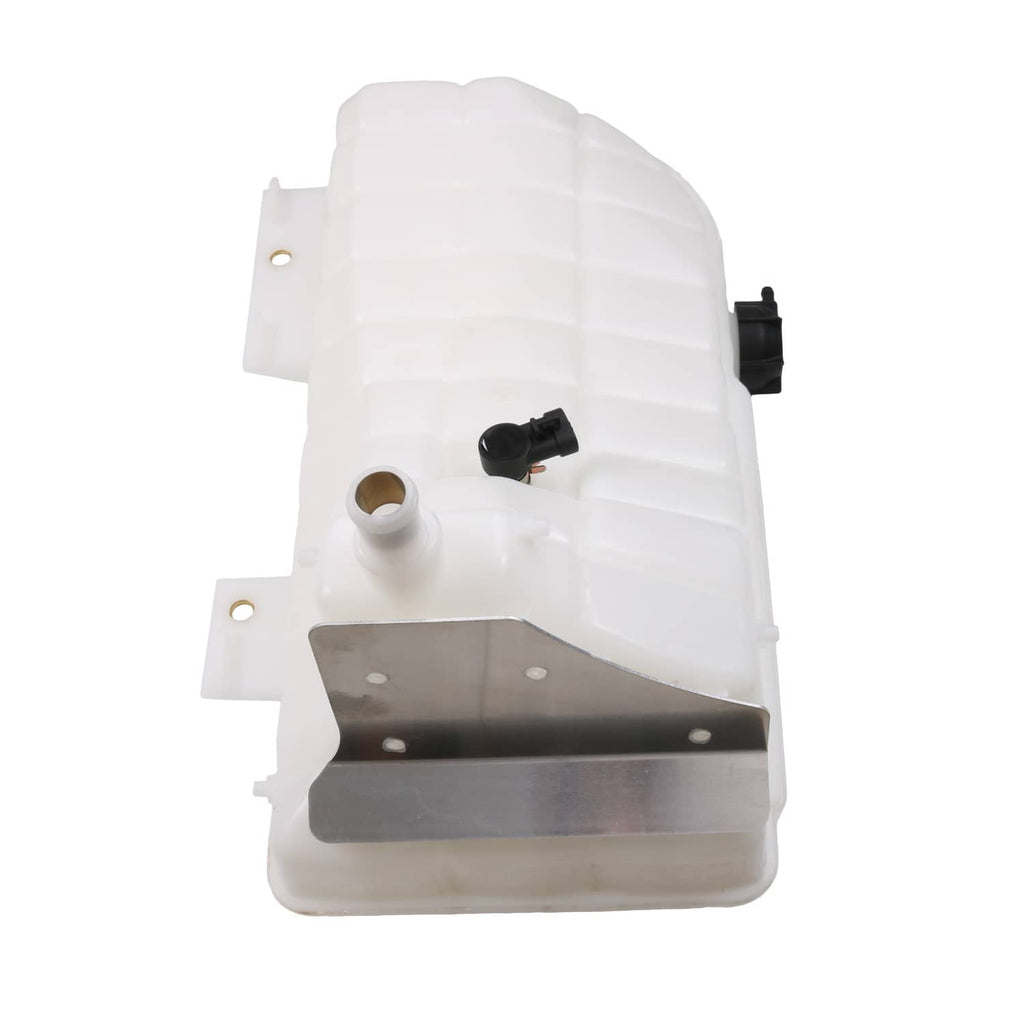 Coolant recovery reservoir tank, white plastic housing with black sensor and cap neck