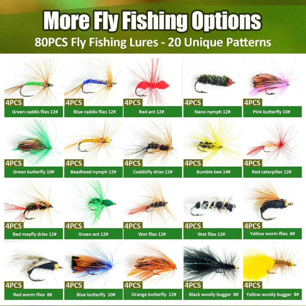 Assorted colorful fishing fly lures with multiple patterns shown in a kit grid