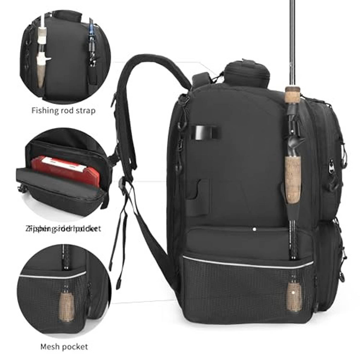 Black fishing tackle backpack with side fishing rod strap and mesh side pocket