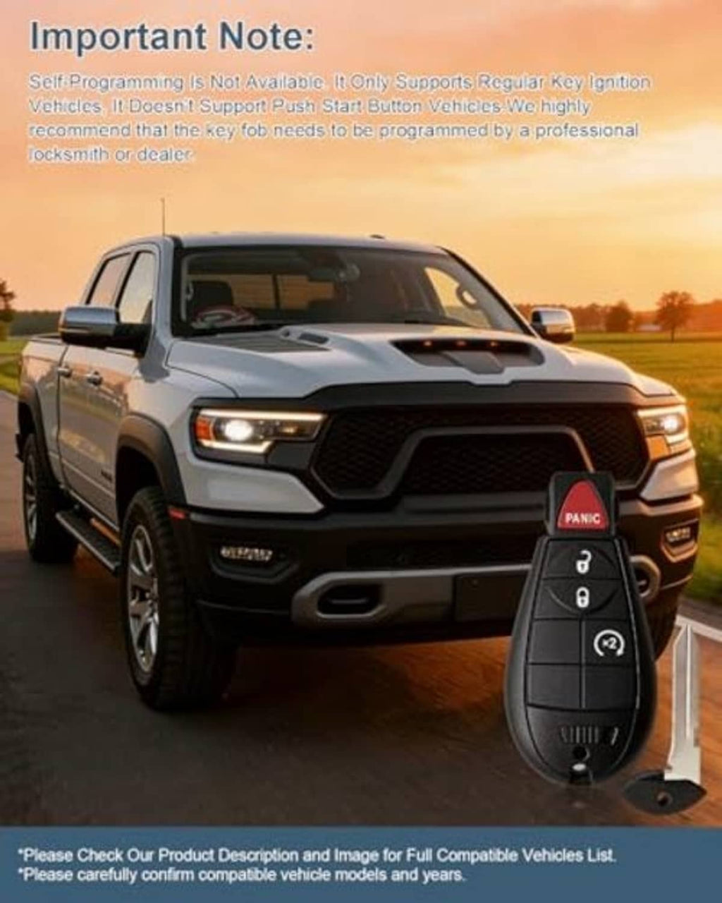 Black key fob with red PANIC button placed near a pickup truck