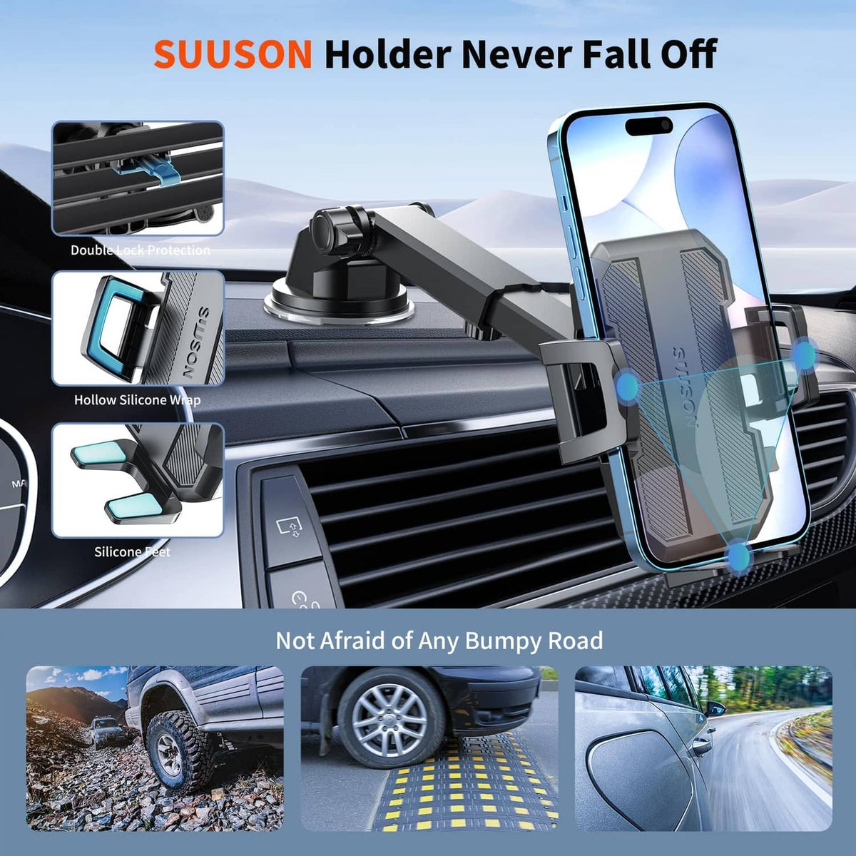 Black 3-in-1 car phone holder with vent clip and stability grip design