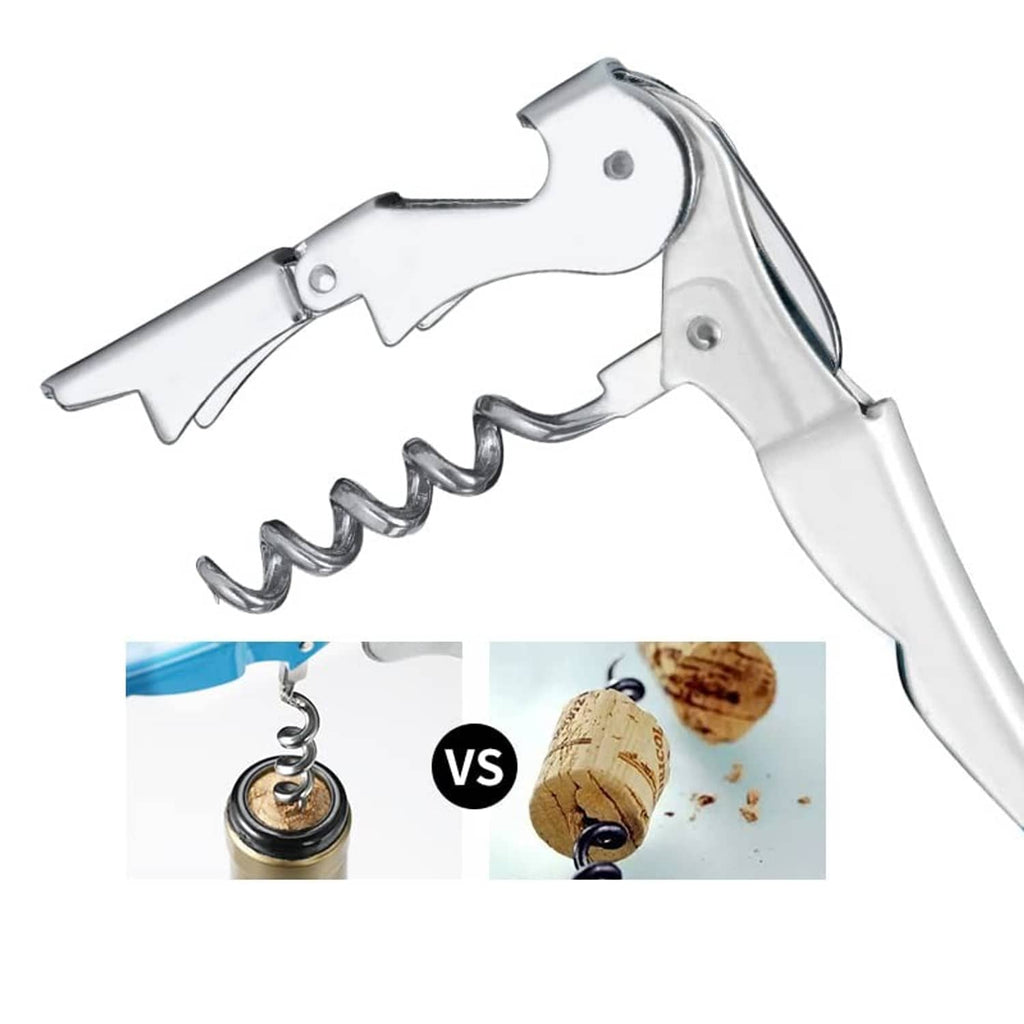 Chrome waiter corkscrew with cork-gripping spiral and curved handle, detail view