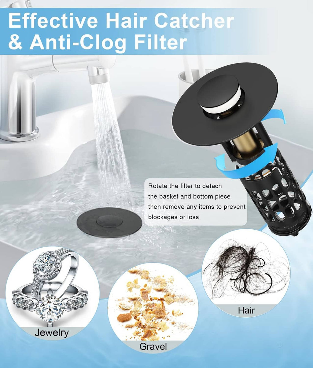 Black hair-catcher sink stopper with rotating strainer to trap debris