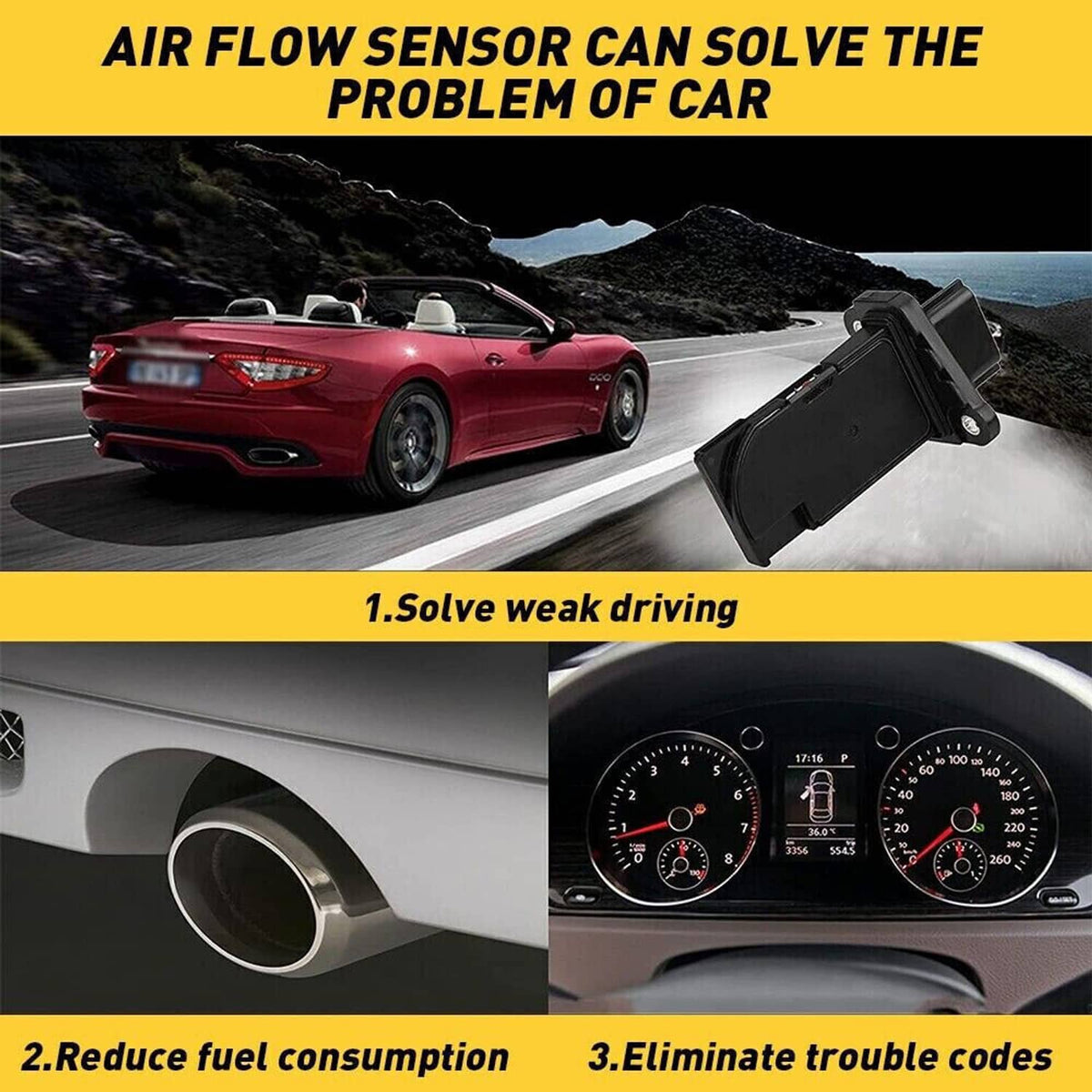 Mass air flow sensor mounted near air intake tubing, angled view