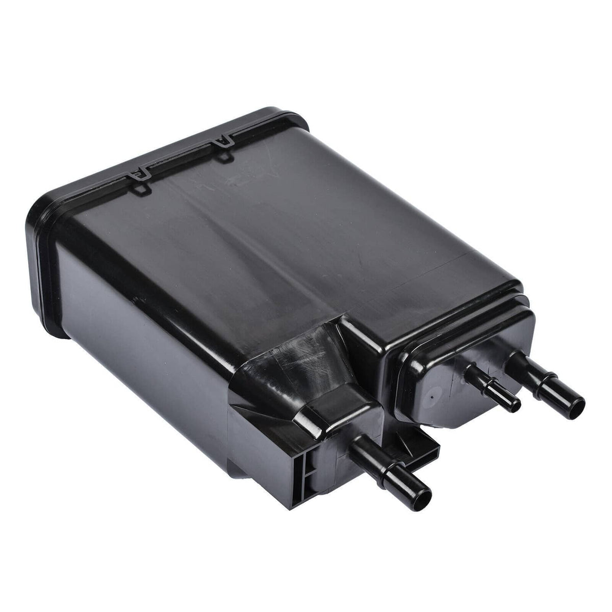 Black plastic car vapor canister with two vacuum ports and side outlet