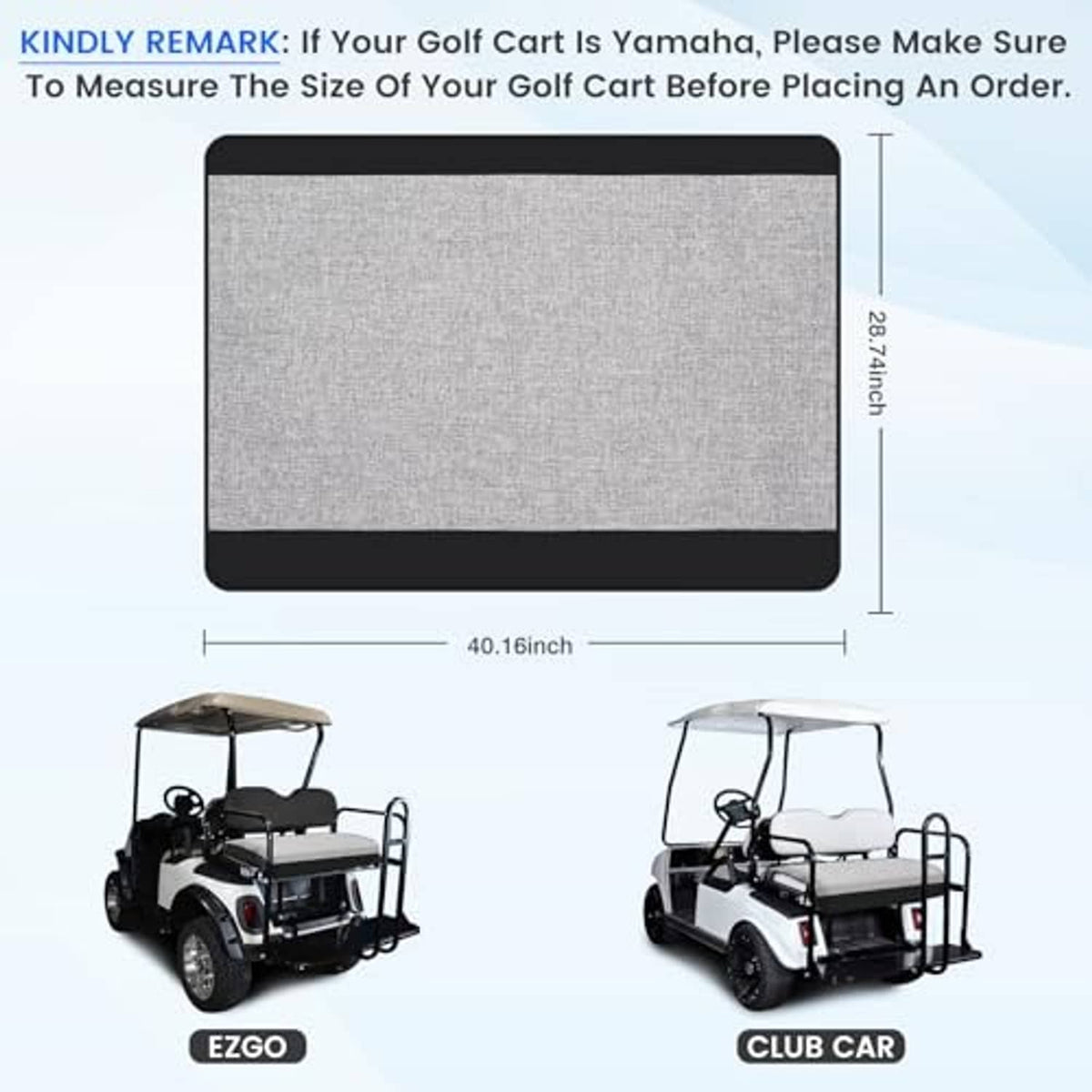 Two-person golf cart seat cover size diagram for EZGO and Club Car, gray panel