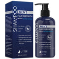 Men's hair growth shampoo bottle with pump and matching boxed packaging