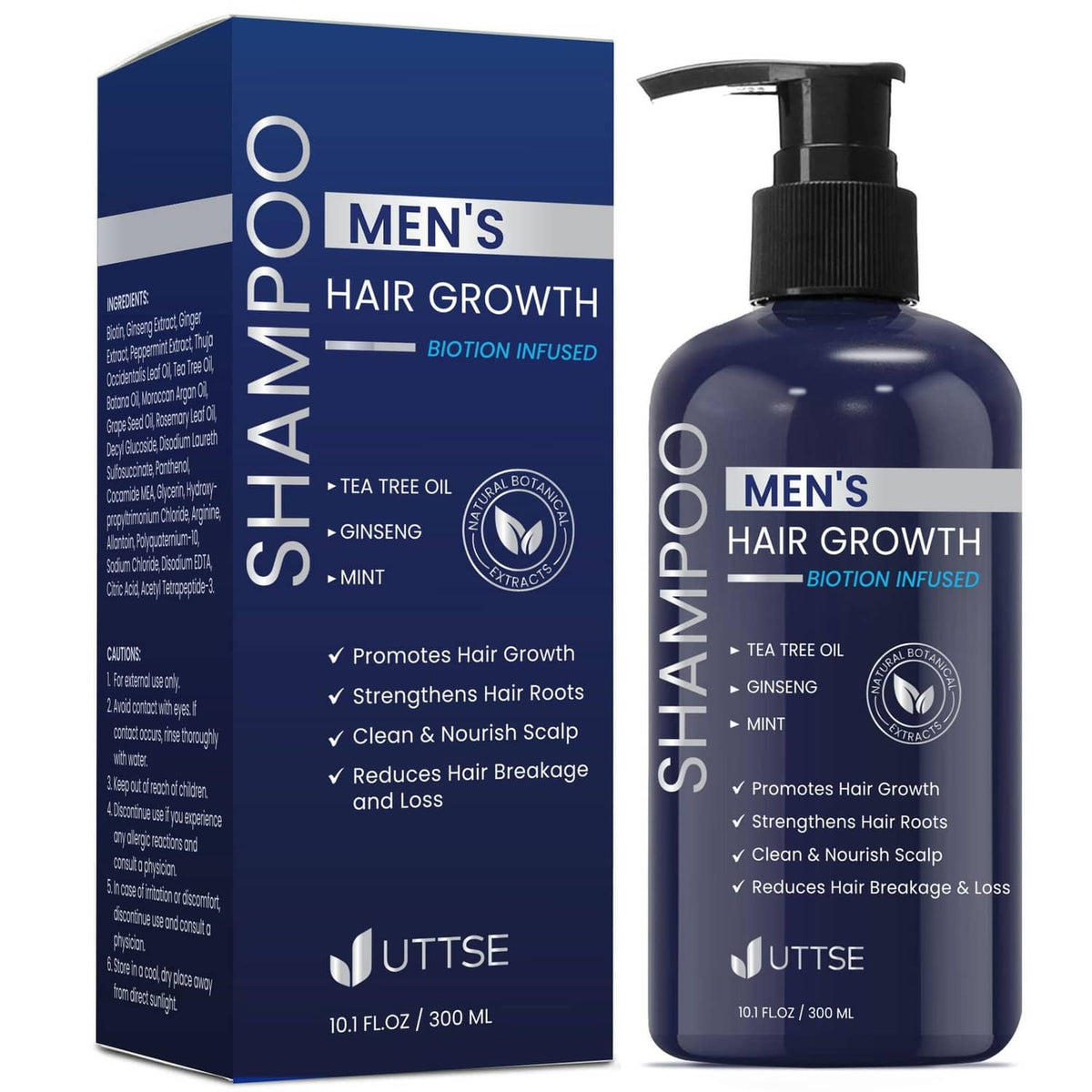 Men's hair growth shampoo bottle with pump and matching boxed packaging