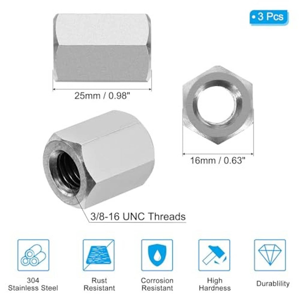 Stainless steel hex coupling nut with 3/8-16 UNC internal threads and hex head