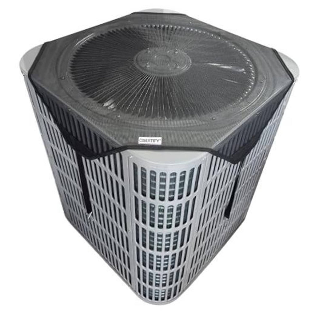Outdoor AC condenser cover, breathable dark fabric, vented top and secure elastic fit